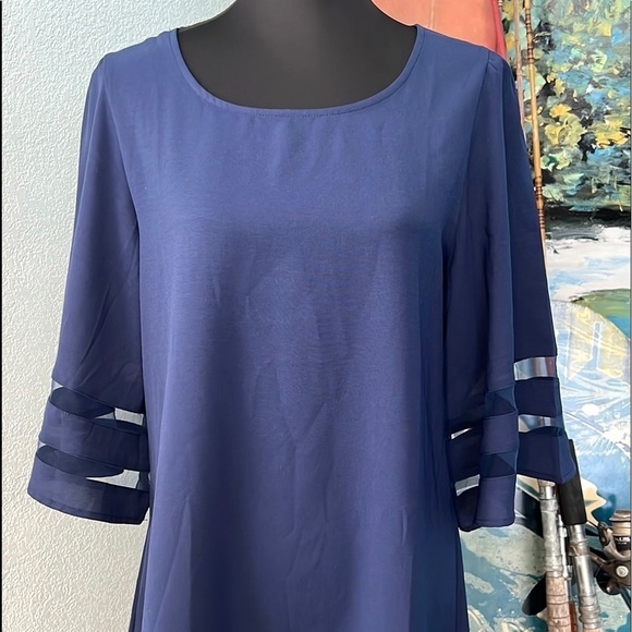 ⭐️Lightweight, Navy Blue Dress, Dress Up or Down, Lovely, Sheer Striped Hems, L - Picture 9 of 10